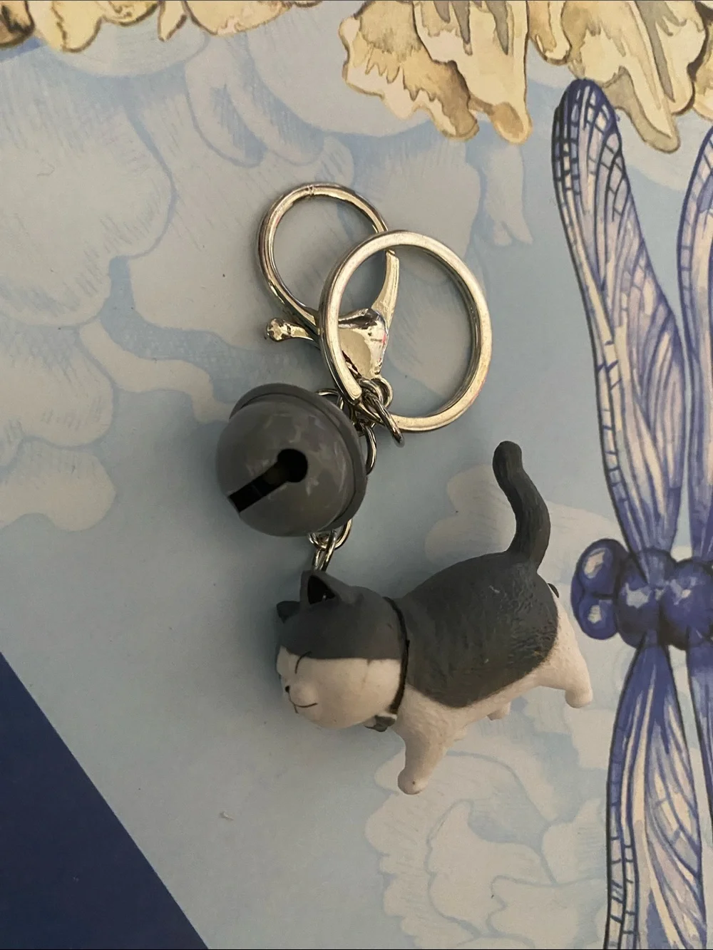 Cute Grey & White Cat Keychain with Bell and clasp